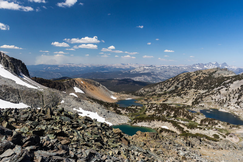 Deer Lakes and a fire burning in Yosemite in the background