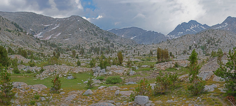 Valley on route to Three Island Lake, with sound of 500 foot cascade (not visible) and surrounded on 3 sides by granite peaks.