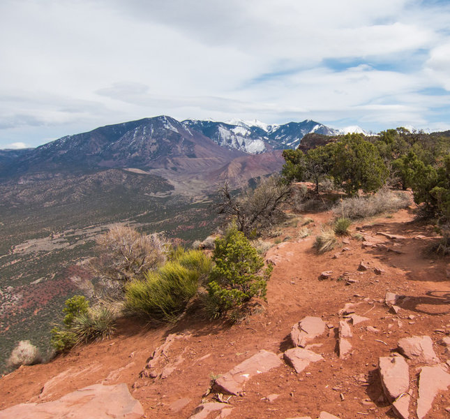 Trail junction of LPS and Porcupine Rim, with an overlook to the La Sals and Castle Valley.