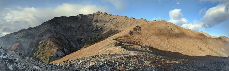 Looking up the ridgeline to the summit of Mount Healy from atop the first climb.