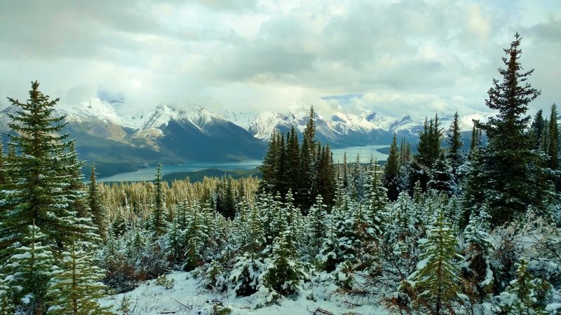 Maligne Lake and the mountains to the east from high on Bald Hills Trail