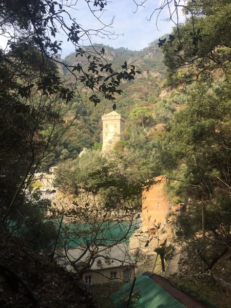 Looking back across the bay to the guard tower at San Fruttuoso