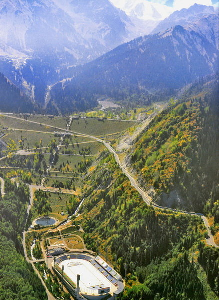 Medeo icering and dam with view of Shymbulak ski resort (left top)