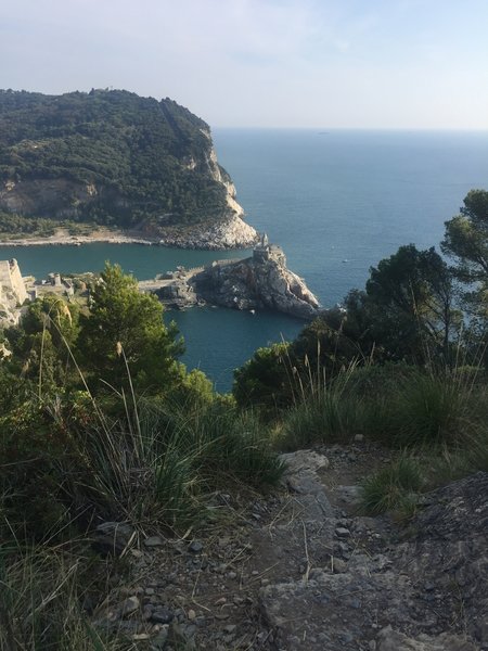 Looking down to Medieval Church at the entrance to Porto Venere. The trail drops steeply down sometimes slippery steps.