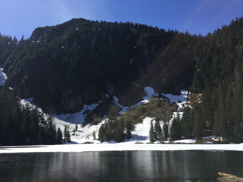 Mckay Lake with Mount Saint Benedict in the background, on Mount Saint Benedict Trail