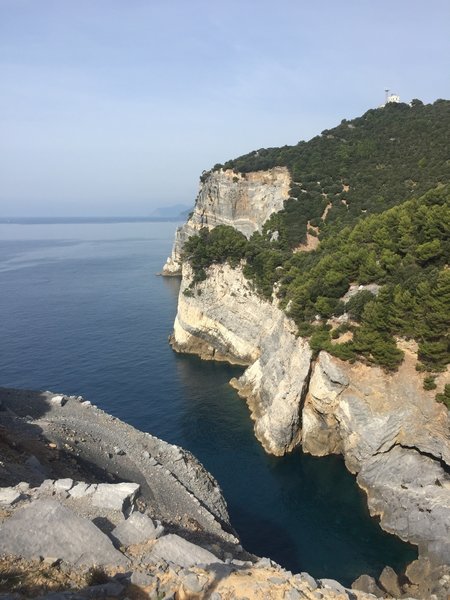 Lovely sea views abound on the island loop. The lower left area of the photo shows some of the remains of a former marble quarry.