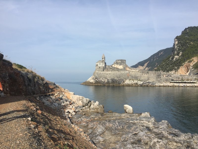 Even as you start the route you are treated to excellent views of Porto Venere!  The trail is visible on the left side of the photo and begins the climb just after the raised section.