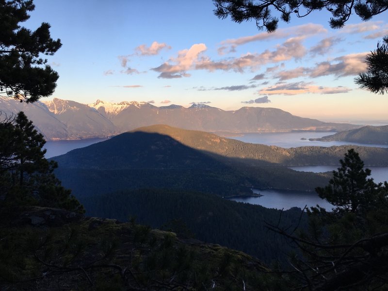 View of Howe Sound and mountains of Howe Sound Crest (Brunswick, Harvey, Lions) from Mount Killam.