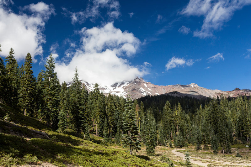 The cloudy summit of Mount Shasta.