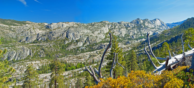 Kendrick Canyon Overlook: about 0.5 miles from Laurel Lake. Kendrick Lakes are on the ledge between the tree branches in the right center. Nance Peak is on the right