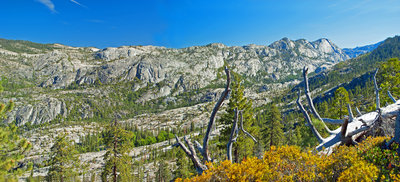 Kendrick Canyon Overlook: about 0.5 miles from Laurel Lake. Kendrick Lakes are on the ledge between the tree branches in the right center. Nance Peak is on the right