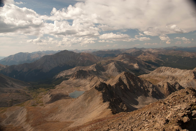 Excellent views of Princeton, Yale, and Bear Lake from Harvard's summit. Much of the trail is visible in the lower left