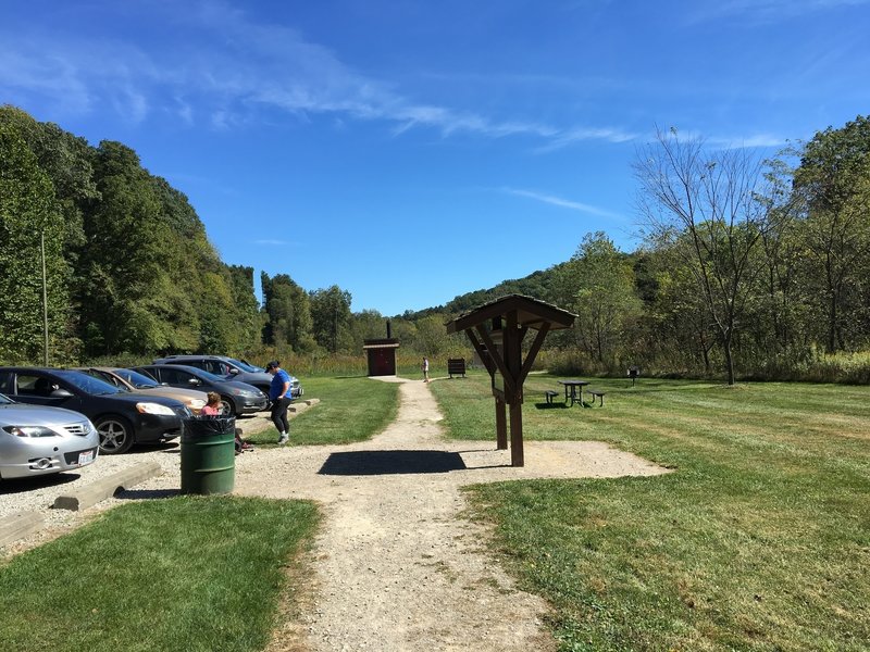 Starner Road parking area showing kiosk and restroom facility.