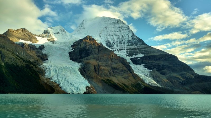 Mt. Robson, highest in the Canadian Rockies at 12,972, with Berg Glacier (left), Mist Glacier (right), and Berg Lake