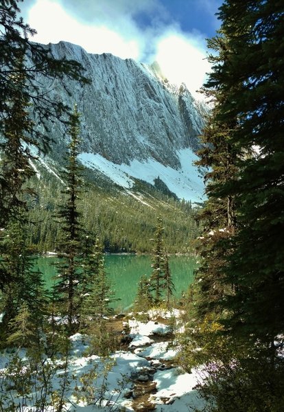 Sherbrooke Lake and Mt. Ogden come into view upon rounding a bend on the Sherbrooke Lake Trail