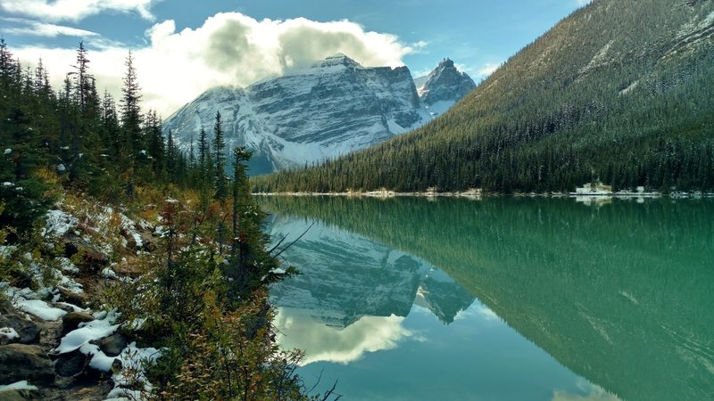 Cathedral Mountain with Cathedral Crags and Cathedral Glacier on its right, across unseen valleys, is the backdrop to Sherbrooke Lake when looking south