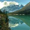 Cathedral Mountain with Cathedral Crags and Cathedral Glacier on its right, across unseen valleys, is the backdrop to Sherbrooke Lake when looking south