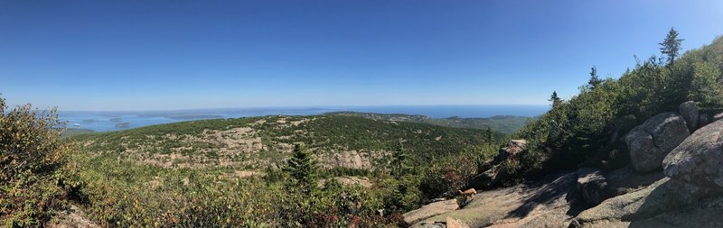 View to the East ascending Cadillac's eastern face (cruise ships at Bar Harbor in the distance and Dorr Mountain is in the center).