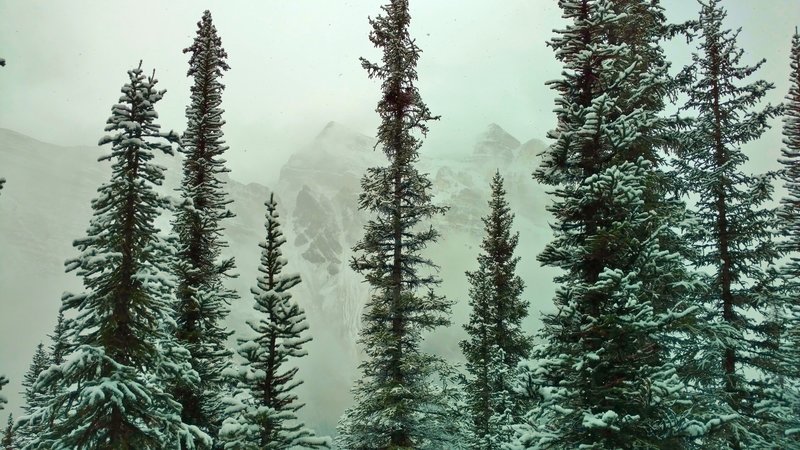 Mountains on the far side of Lake Louise, looking southeast from the Big Beehive to Highline Connector, on a snowy September day