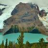 Berg Glacier (left) and Mist Glacier (right) flow down Mt. Robson into Berg Lake. Looking down from high on Hargreaves Lake Route