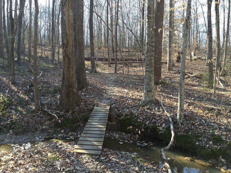 A bridge at the bottom of the downhill.