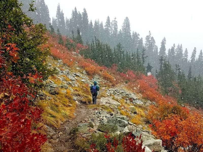 Fall colors and snowfall.