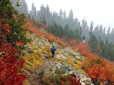 Fall colors and snowfall.