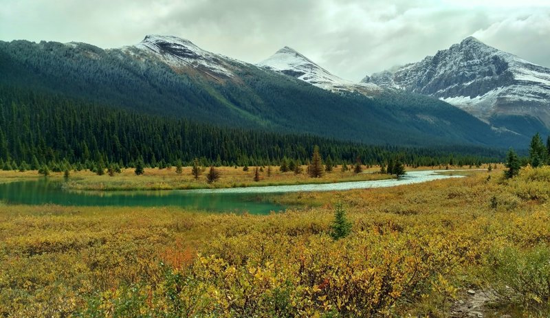 Headwaters of the Smoky River meander across meadows, below Chetang Ridge (center) and Tatei Ridge (right), along the Moose River Route