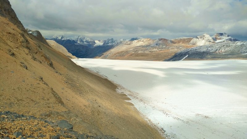 Reef Icefiled looking northeast from just above Snowbird Pass. Coleman Glacier flows north down off the edge in the center of the picture