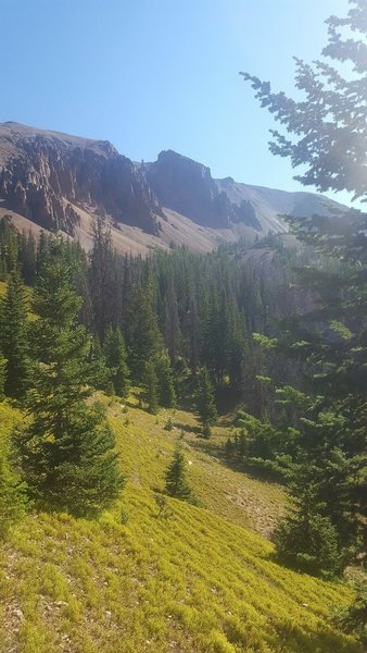 The couloir is the notch just left of the center of the photo