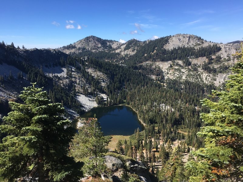 View of Long Gulch Lake from crest in Trinity Alps Wilderness