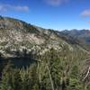 View of Trail Gulch Lake from crest in Trinity Alps Wilderness.