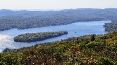 Fox Island on the NJ side of Greenwood Lake on hazy day in mid-October.