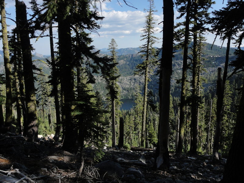 View of Bingham Lake from crest of trail, looking down at steep descent to lake.