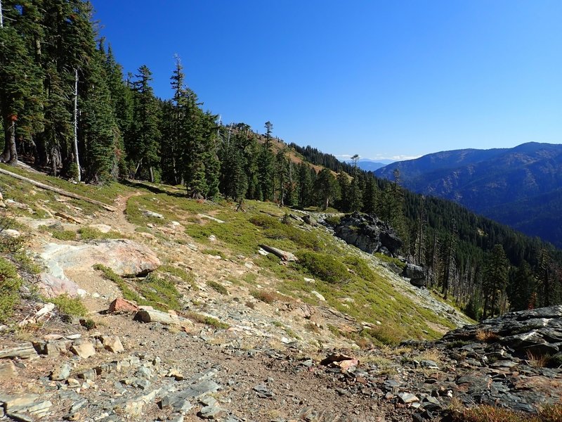 The Box Camp Trail crosses rocky, open ground at it gets closer to the PCT.