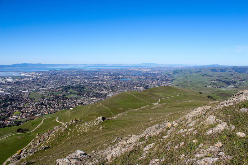 Fremont and Hayward from Mission Peak with the windy Ohlone Wilderness Trail in the front