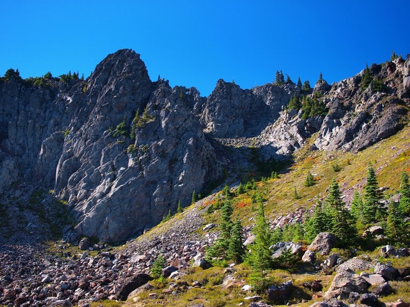 The scree chute (to the right of the rock tower) on Lemei Rock