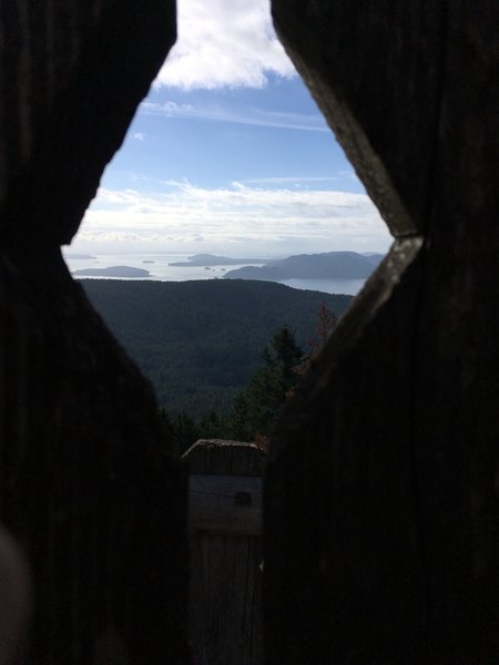 View of the San Juan Islands from inside the Moran Observation Tower.