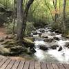 The Middle Saluda River near and across on Jones Gap Trail (to the left TH in pic and across bridge standing on, Jones Gap Ranger Station and emergency 911 phone since no cell signal).