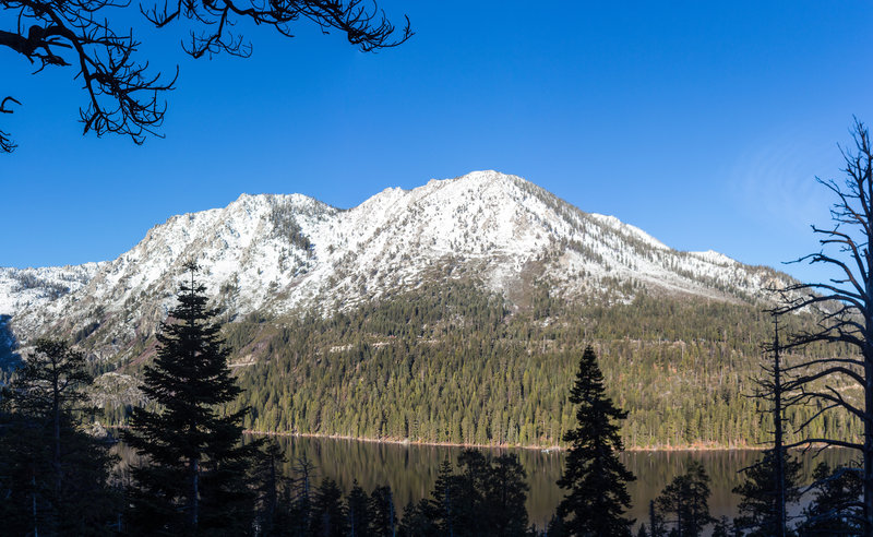Snow covered Jakes Peak across Emerald Bay from Rubicon Trail