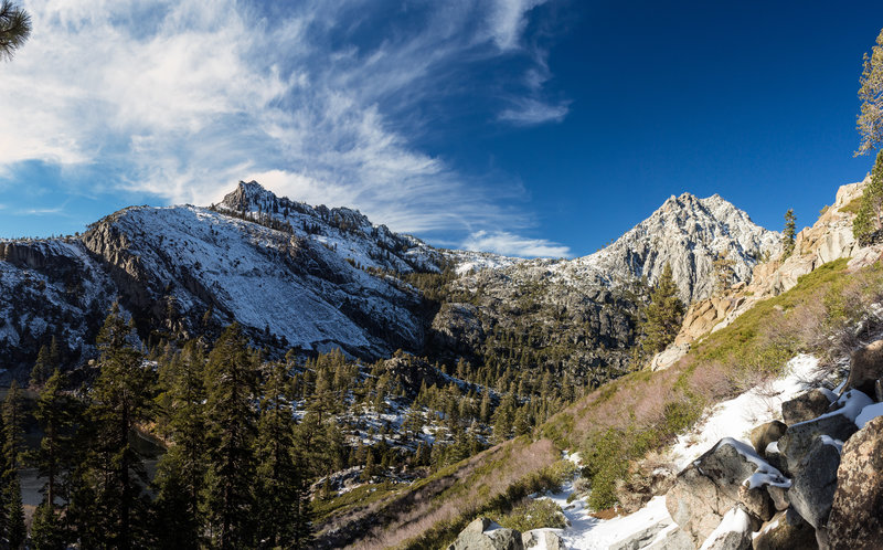 Looking back on snowy Eagle Falls Trail towards Phipps Peak and Jakes Peak