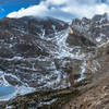 Approaching the descent down to Chasm lake with Long's Peak looming above.