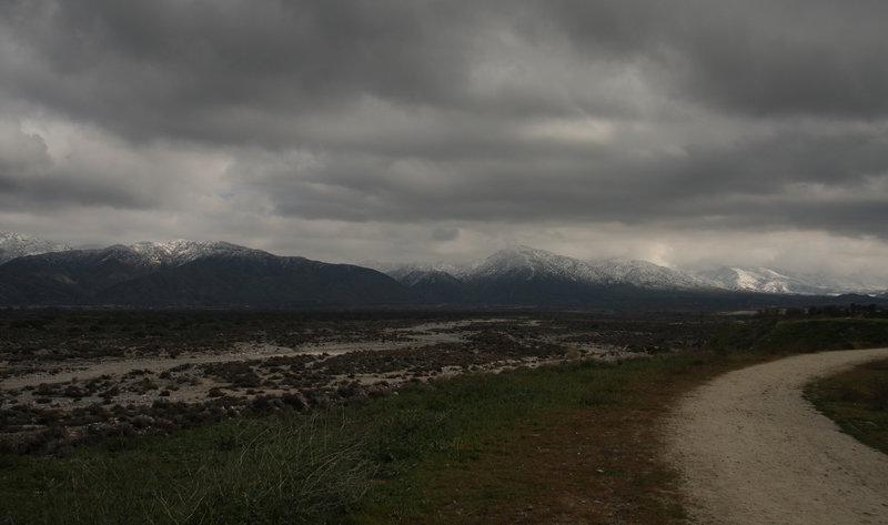 Stormy day, with snow in the mountains.