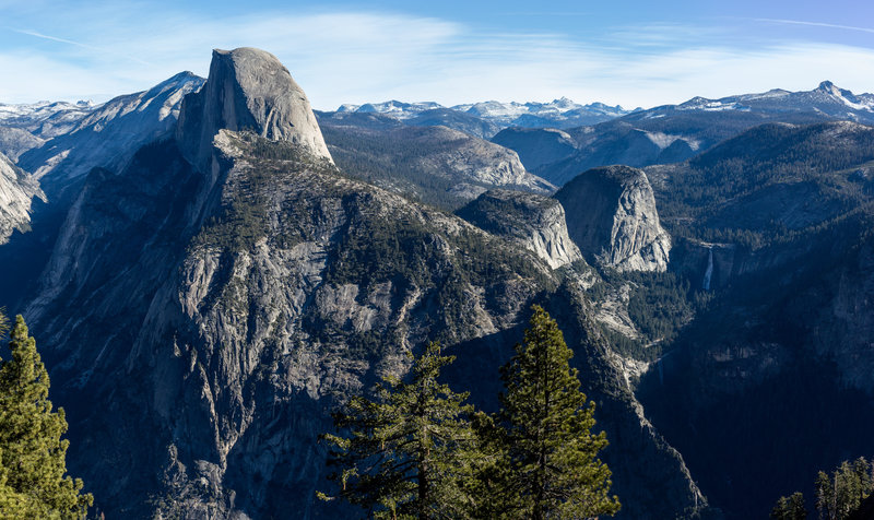 Half Dome. Nevada Falls and Vernal Falls to the right in front of Liberty Cap.