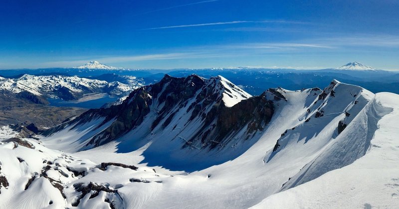 Rainier (left) and Adams (right) from the top of the St. Helens Caldera.