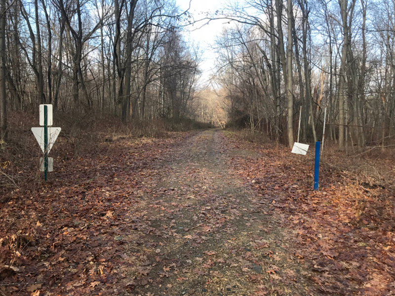 The singletrack leading the to carpark is off to the right through a gap in the fence.