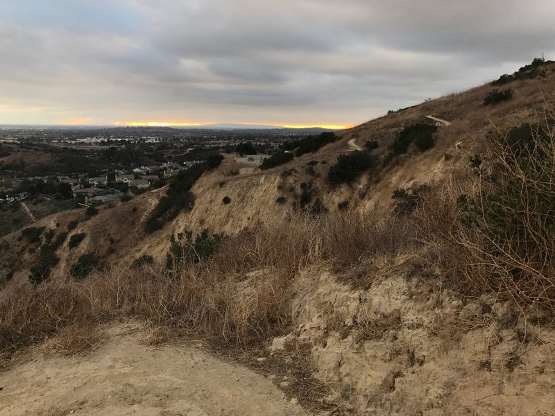 Catalina Island can be seen in the distance as we hike down the eastside of Olinda Trail.  On the opposite ridge you can see the switchback going to the top.