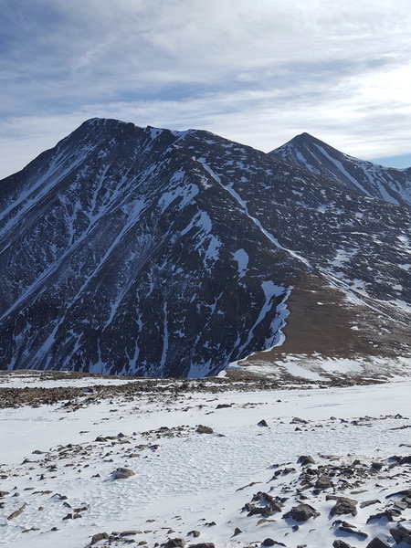 Approaching the low point. Torrey's peak looms ahead, Grizzly Peak D is behind.