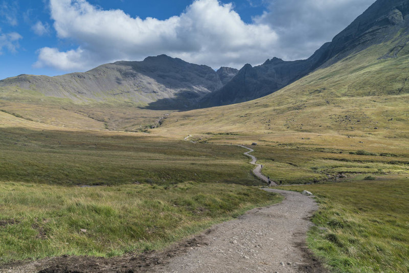 Looking forward to the Fairy Pools Trail with the Cuillin Mountains in the background.
