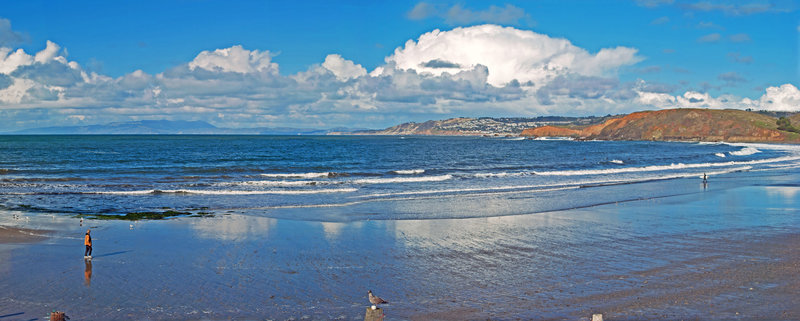 View across Linda Mar beach to Mori Point, Daly City and Marin headlands